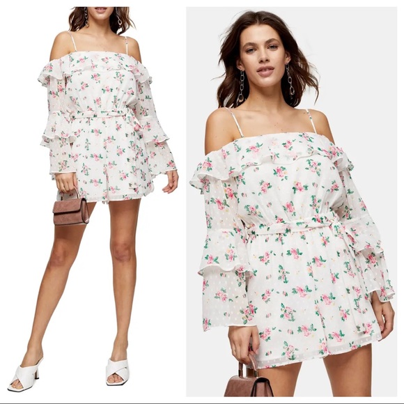 HP🎉Topshop Floral Cold Shoulder Ruffled Romper XS - Picture 7 of 7